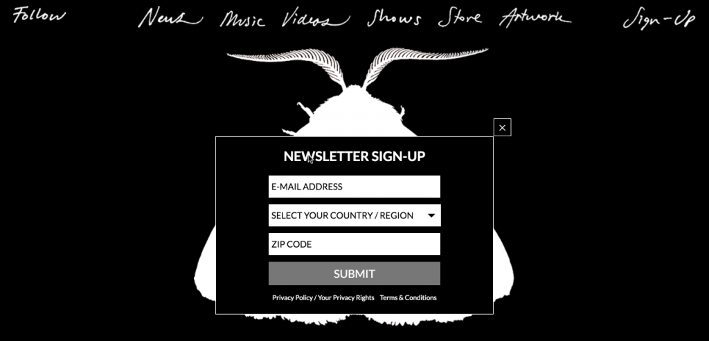 The mailing list signup on Chairlift's home page. 