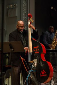 William Parker plays a painted red and black upright bass.