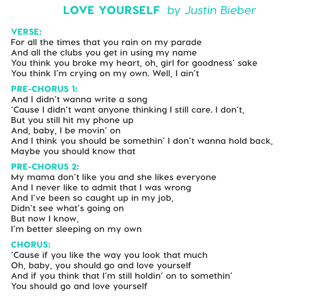 Песня лов ми лайки ми. Джастин Бибер Love yourself текст. Love yourself Justin Bieber текст. Justin Bieber Love текст. Love yourself текст песни.