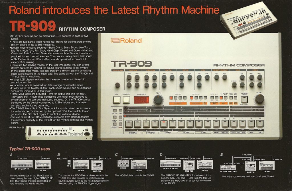 1984 Brochure that came with the Roland TR-909. Image courtesy of Retro Synth Ads.