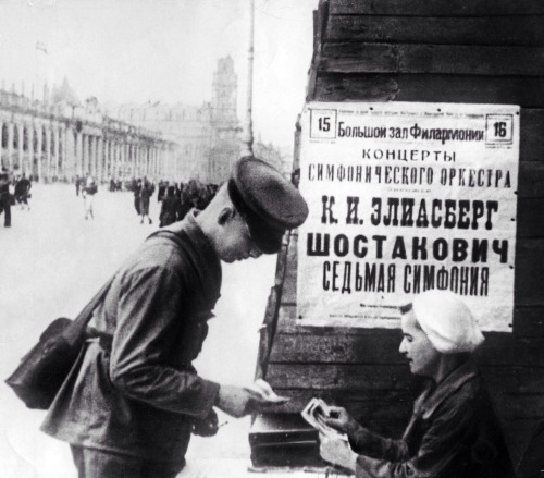 A young soldier buys a ticket for the premier of Shostakovich's 7th Symphony.