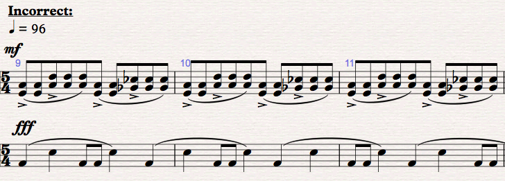 A transcription of the Gorillaz’ song “5/4” in 5/4, more difficult than it has to be for playing by the drummer.