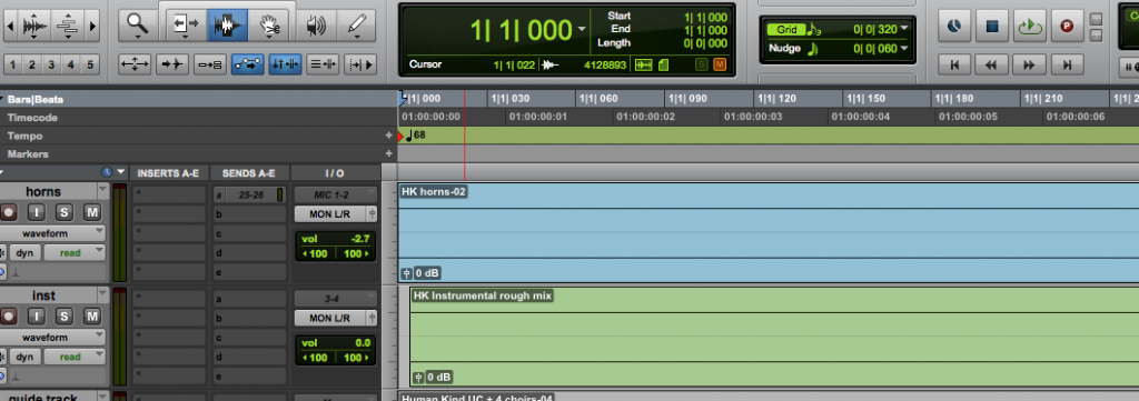 Danger! The “HK instrumental rough mix” to which I’ll be tracking isn’t fully aligned to the left of my session. If I were to overdub to this and then export files that extended all the way to the beginning, those parts would play back slightly later than I intended when imported into my collaborator’s session. Double-check this early and often! 