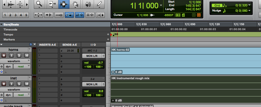 Much better! Notice that the “HK instrumental rough mix” is now aligned to timestamp zero (or bar 1, beat 1). 