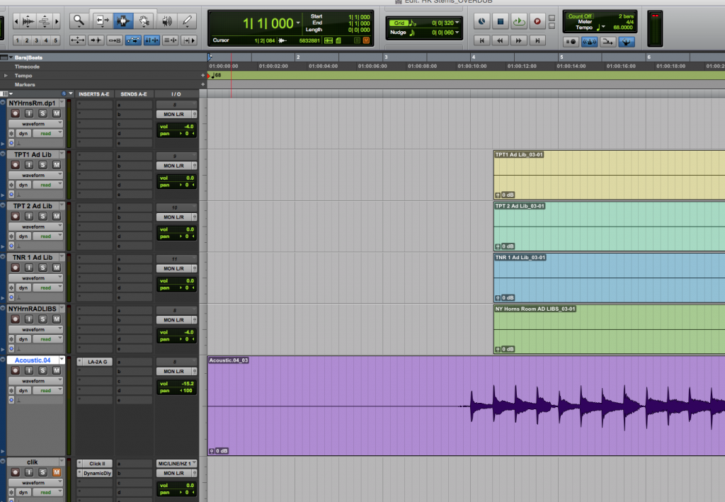 Note that the “acoustic” track here (purple) extends all the way to the very beginning of the session, at bar 1, beat 1. This file, when exported, can be seamlessly imported into my collaborator’s session. The four horn tracks above it, however, do NOT extend all the way to the beginning of the session, so if I export them as-is, my collaborator would have a frustrating time trying to make everything line up.