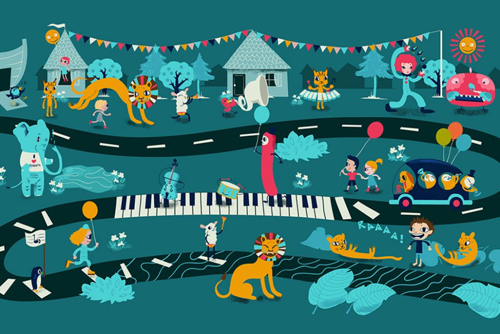 illustration of music notes and animals