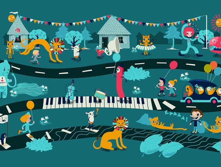 illustration of music notes and animals