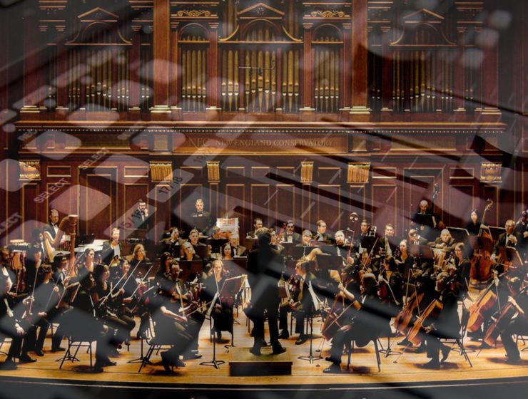 orchestra overlaid with mixing board image