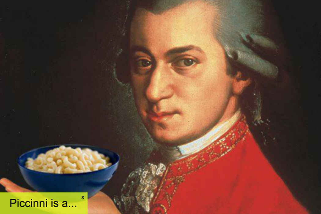Mozart holding pasta with quiz language at bottom