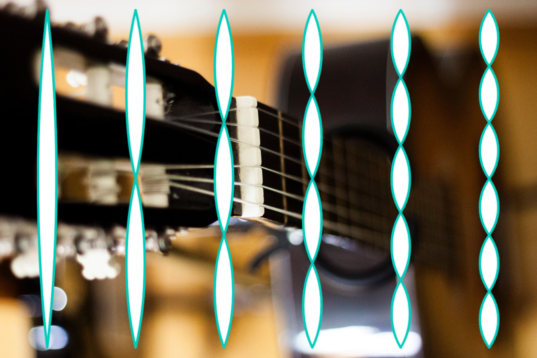 closeup of guitar strings with harmonic wave patterns overlaid