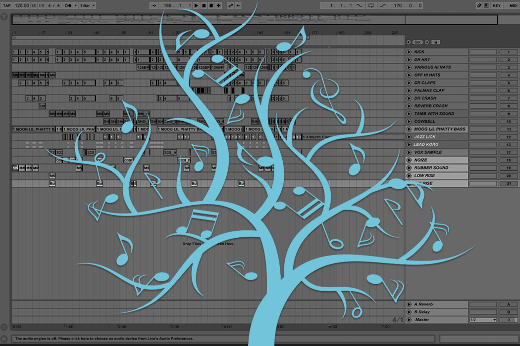 DAW with a musical tree image overlaid