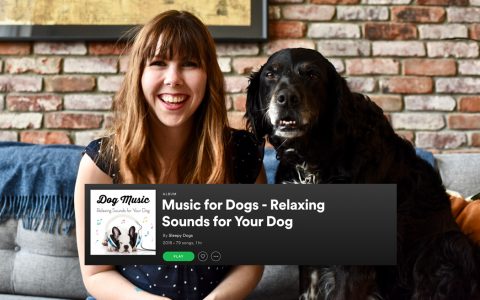 Angela and her dog, with a spotify playlist for dogs