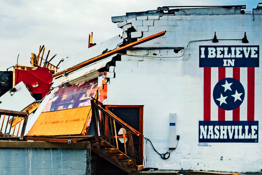 Photograph of Nashville's The Basement East by Chris Wood, taken after the March 2020 tornado hit. Image courtesy of Jim Ivins' song "Why?" (feat. Tom Yankton).