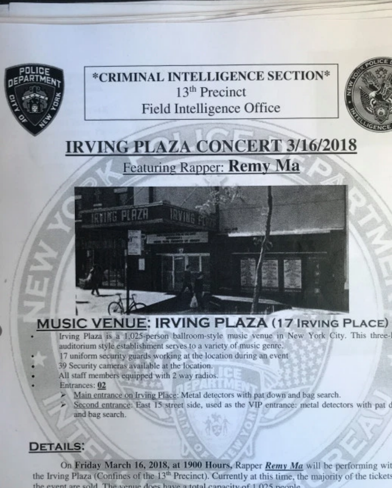 An internal memo from the NYPD Intelligence Division regarding the Remy Ma concert at Irving Plaza (2018).