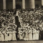 Congressional Union for Woman Suffrage petitioners on the steps of the United States Capitol, 9 May 1914. Those in the front line are singing "The March of the Women."