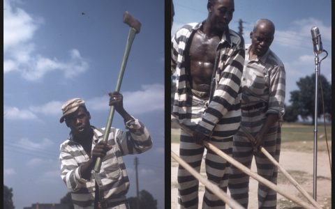 Prisoners chopping wood and singing at Parchman Farm (Mississippi State Penitentiary)