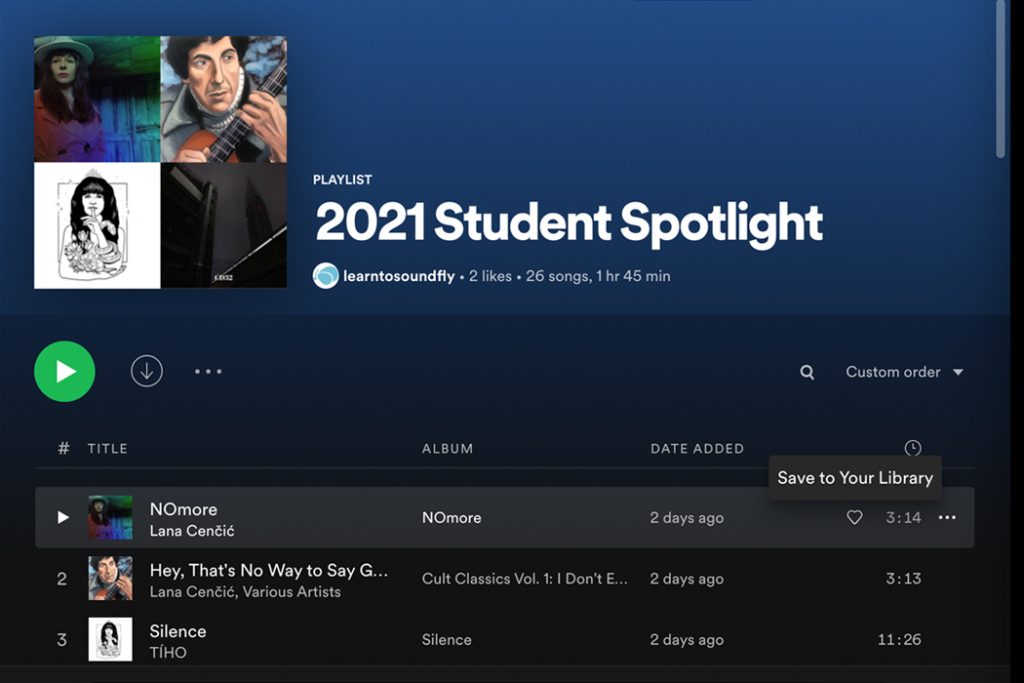 Screenshot of Spotify playlist for 2021 Student Spotlight