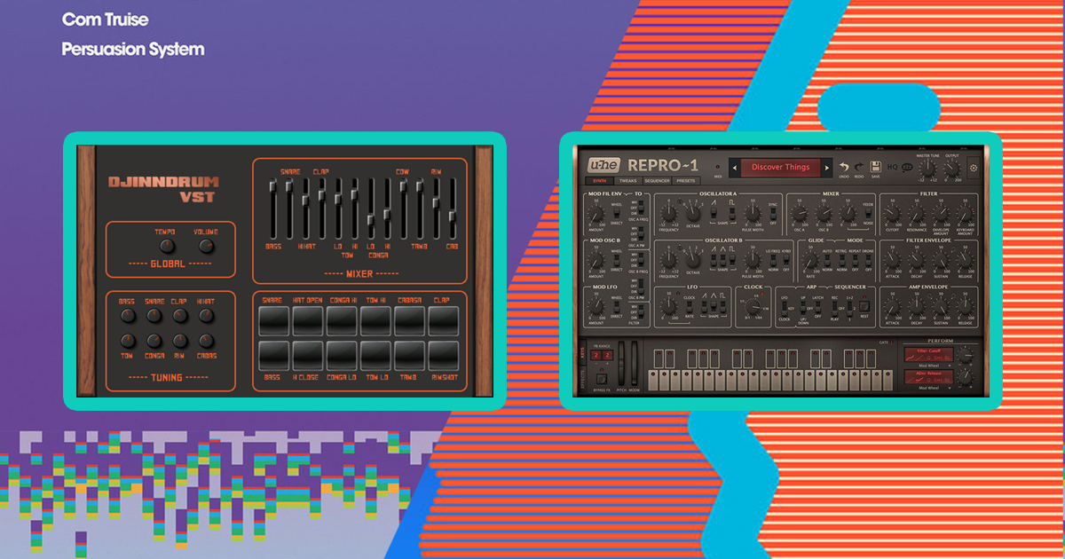 retro soft synths and drum machines, with Com Truise album cover collage