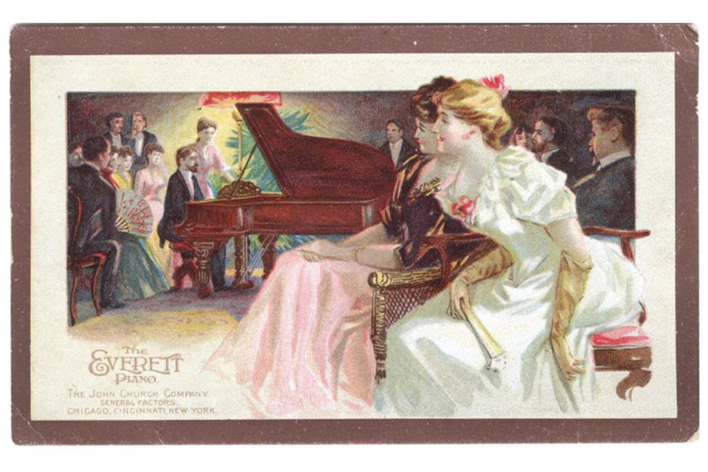 old postcard of a piano salon