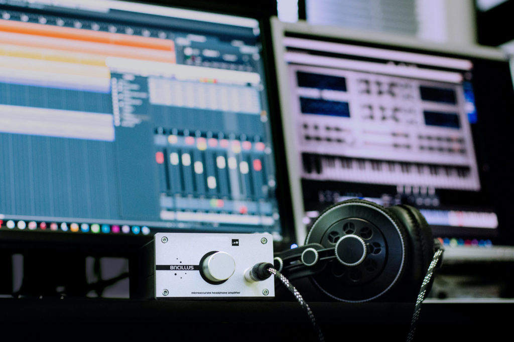 closeup of headphones in recording studio