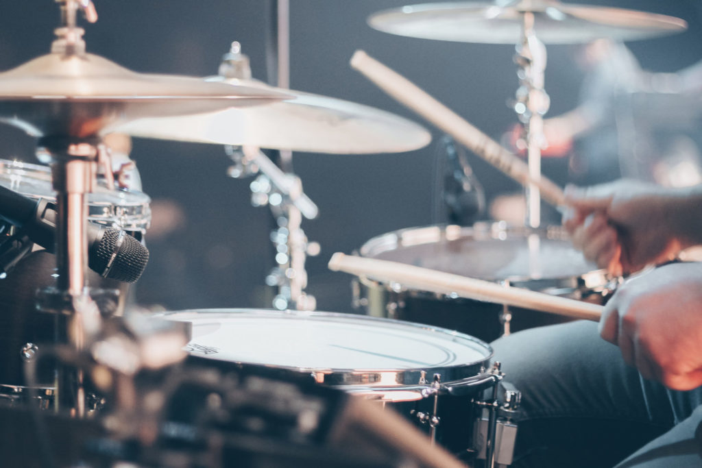 closeup of a drum kit being played